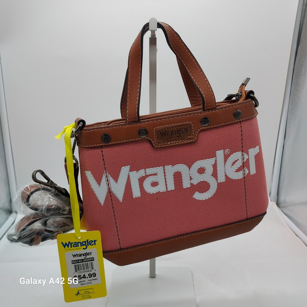Wrangler Pink Canvas Mini Tote Crossbody Bag Brown Trim WG142-2005PK NWT